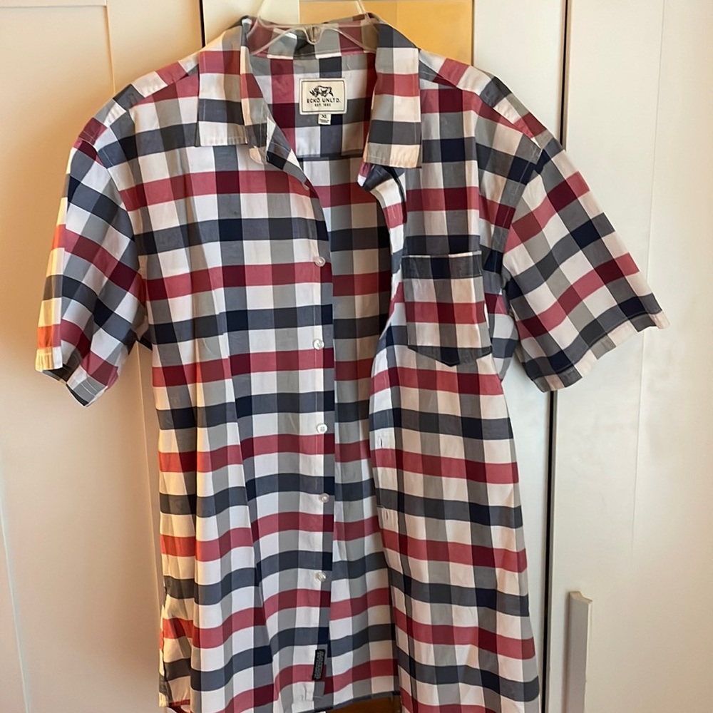 Red, White & Blue plaid button m-up shirt